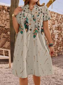 EMERY ROSE 大码女式度假闪光羽毛印花V领短袖连衣裙