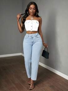 Slaydiva Women's Summer Casual Street Fashion Cutoff Raw Edge Fitted Cropped Denim Tank Top - White - View 2