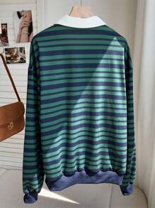 Comfortcana Sudadera casual de mujer con estampado de rayas y letras, estilo universitario - Verde - Ver 2