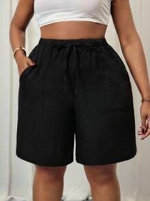 SHEIN PETITE CURVE Plus Size Women's Black Drawstring Waist Pockets Casual Country Linen Shorts Summer Shorts For Women Spring Outfits For Women Vacation Outfits Woman