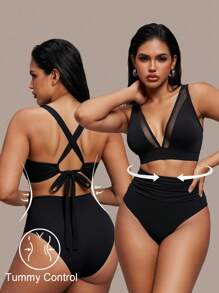 Shapewave 2pcs Women Black Bikini Set,Mesh Panel,Crossover Strap V-Neck,Backless Ribbon Tie,High Waist Ruched Bottoms,Elegant Summer Beach Vacation Holiday - Black - View 1