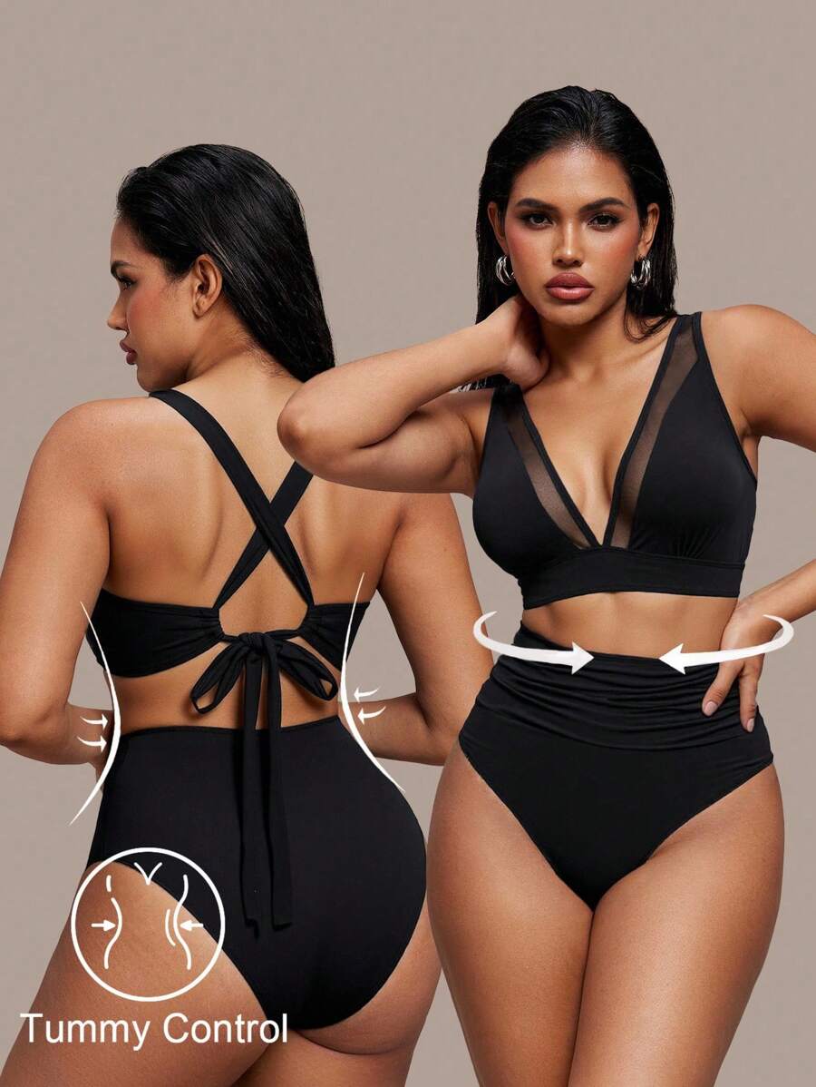 Shapewave 2pcs Women Black Bikini Set,Mesh Panel,Crossover Strap V-Neck,Backless Ribbon Tie,High Waist Ruched Bottoms,Elegant Summer Beach Vacation Holiday - Black - View 1