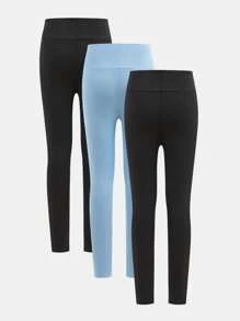 SHEIN 3pcs Set Tween Girls Slim Fit Solid Color Casual Comfort Leggings - Baby Blue - View 2
