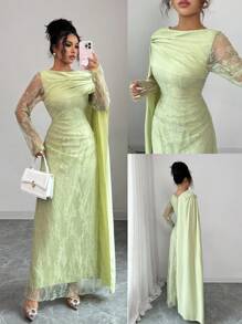 Elenzga 新款 3D 剪裁法式优雅风格连衣裙，适合生日派对、宴会、乡村蕾丝长袖露肩手工褶皱修身连衣裙，适合女士 - 綠色 - 查看 3