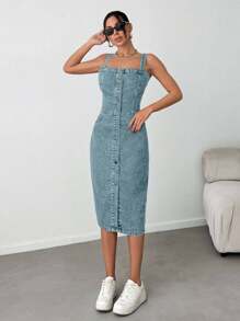 EURMUSE Slant Pocket Button Front Overall Denim Midi Dress - Baby Blue - View 3