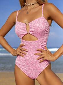 Swim Mod Nouveau maillot de bain une pièce d'été pour femme en tissu jacquard, avec bretelles fines, col en V, taille évidée froncée