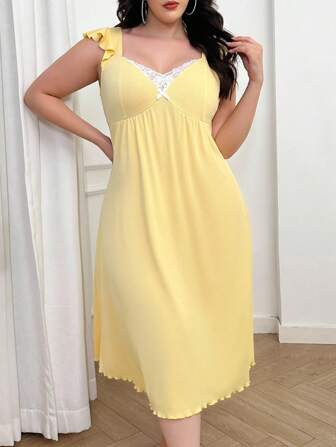 SHEIN Kontrastfärgad spetslappmönster V-ringad kortärmad nattlinne i plusstorlek