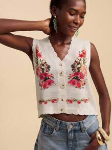 Travachic Women V-Neck Floral Pattern Button Front Sleeveless Sweater Vest, Beach,Spring Break,Vacation,Concert - Apricot - View 7