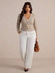 Elaquor 大码女式休闲基本款百搭都市时尚金属扣装饰弹性罗纹 V 领纯色长袖 T 恤，秋季 - 卡其色 - 查看 4