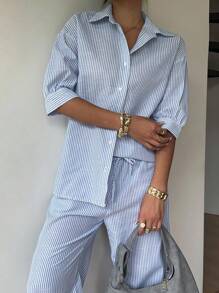 SHEIN EZwear 条纹衬衫和休闲裤套装，适合夏季度假 - 藍白色 - 查看 5