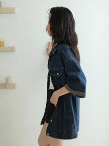 SHEIN Unity Áo khoác denim rộng rãi, giặt thường ngày cho nữ, Áo khoác denim nữ cho giáo viên, Áo khoác nữ cho giáo viên, Áo khoác mùa thu cho trường học - Rửa trung bình - Xem 4