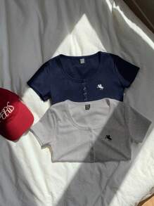 Comfortcana 2pcs Indigo Blue & Gray Solid Henley Collar Embroidered Slim Fit Short Sleeve T-Shirts Henley Tops Tops Sets - Multicolor - View 3