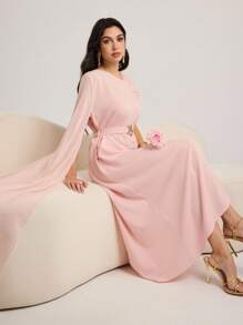 Modelyn Trang trí khóa kim loại bất đối xứng, áo choàng bằng vải chiffon tay lớn, váy bó eo - Hồng - Xem 1