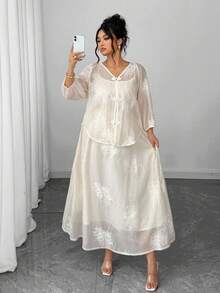 Elenzga 3 件套：中国风刺绣大码休闲短款上衣和裙子大码裙子套装大码女装 2 件白色套装大码刺绣裙子套装大码刺绣套装