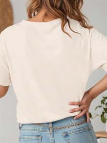 EMERY ROSE Plus Size Women's Summer Casual/Holiday Style Apple Floral & Letter Printed Short Sleeve T-Shirt