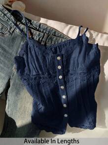 SHEIN Tall CURVE 大码女式纯色纽扣设计撞色蕾丝吊带背心 - 藏蓝色 - 查看 1