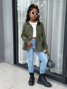 SHEIN 秋冬季青少年女孩休闲军绿色宽松连帽抽绳可调节腰部派克大衣 - 軍綠色 - 查看 12