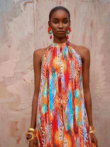 Zivah 新款春夏休闲度假日常通勤挂脖圆领无袖超宽松阔腿加长裤藏青白条纹女连体裤 - 彩色 - 查看 4