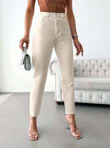 女式休闲纯色斜口袋锥形牛仔裤 - 米色 - 查看 4