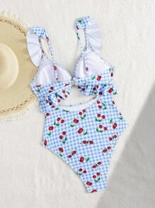 Swim Mod Summer Vacation Sexy Random Print Ruffled Hollow Backless One-Piece Swimsuit For Women