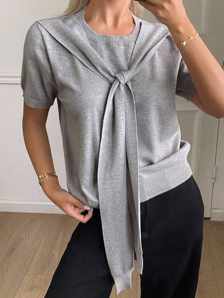 Livesso Women's 2 In 1 Tie-Waist Patchwork Short Sleeve Round Neck Short Knit Sweater, Casual & Chic