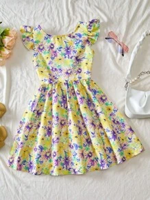 SHEIN Lunivi Vestito da ragazza adolescente con stampa floreale, fiocco sulla schiena, maniche corte a cappuccio, vita