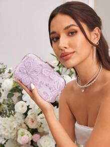 SHEIN Belle 女士、女士晚宴包、手包、花卉手包、时尚、奢华、奢华、迷人、优雅、花朵、蕾丝、亮片花朵、适合女孩、女士、女士、大学生、新娘、伴娘、婚礼宾客、蜜月、派对、舞会、婚礼、俱乐部、约会、晚会、约会之夜（随机正面和背面花朵设计/随机图案） - 淡紫色 - 查看 2