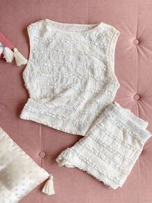 Comfortcana 杏色针织女款两件套，无袖短款上衣和短裤