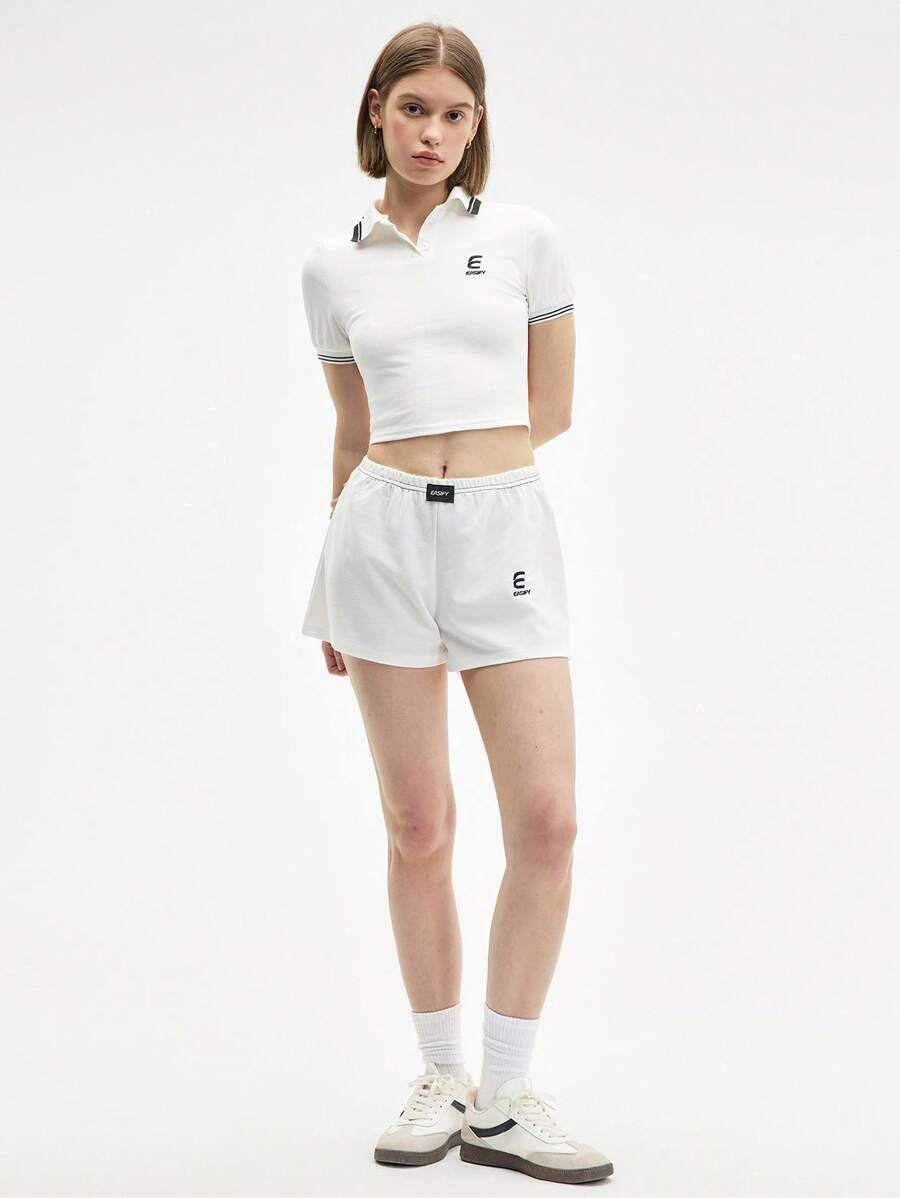 Gameset SHEIN Sport 女式字母条纹短袖日常健身 Polo 衫 - 白色 - 查看 1