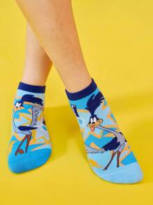 LOONEY TUNES X SHEIN 3 双柔软透气吸湿排汗休闲女士踝袜，带崔弟和路跑者图案，时尚可爱的粉色和蓝色短袜，加固脚趾和脚跟，经久耐用，四季百搭 - 彩色 - 查看 7