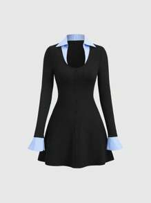 SHEIN Unity Retro American College Style Black Knitted Striped Slim Fit A-Line Short Dress, New Design For Summer - Black - View 3