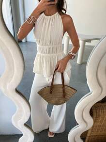 Aloruh Top halter sin espalda con volantes y unicolor simple en estilo de vacaciones sexy para mujer