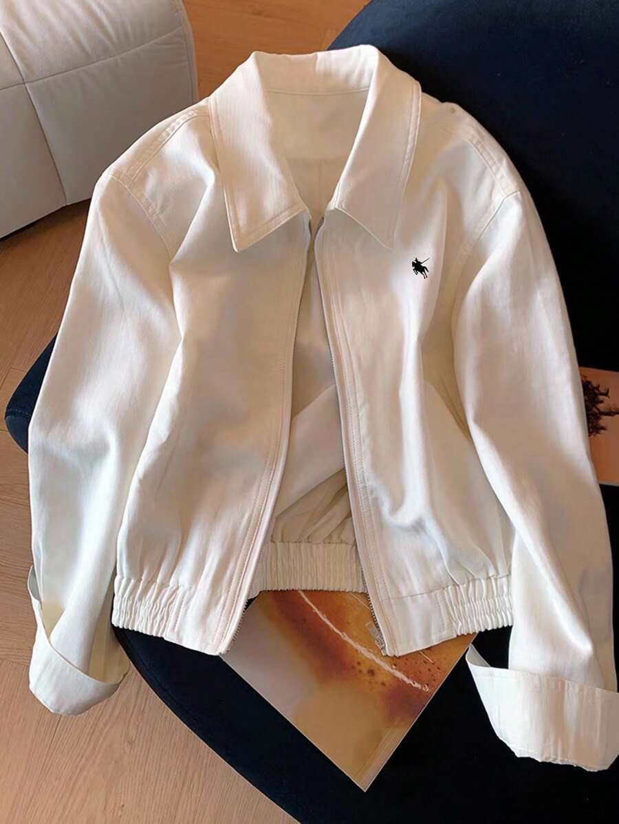 Airaco Women's Casual Zipper Collar Knight Print Long Sleeve Jacket - Beige - View 1