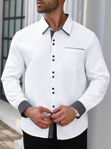 Manfinity Mode Men Plus Size Plaid Contrast Sleeve Trim Single Breasted Casual Shirt, Fall - White - View 4