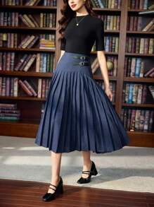 Vintamour 女士复古优雅褶皱休闲/工作/度假长裙假期返校教师商务休闲女士生日假期办公室学校西部装女士返校秋冬秋季教堂节日机场女牛仔生日 - 藍色 - 查看 5