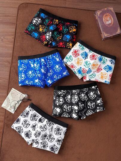 HARRY POTTER X SHEIN 5pcs Tween Boy Comfortable Soft Cute Cartoon Badge Graphic Underwear,Boxer Briefs,Back To School,Basic Comfortable Casual