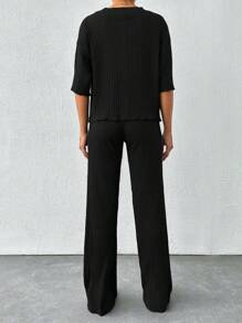 EURMUSE Women Basic Solid Round Neck Top And Pant 2 Pieces Set - Black - View 2