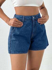 EURMUSE 100%纯棉斜口袋纽扣雪花洗牛仔短裤 - 寶藍色 - 查看 7