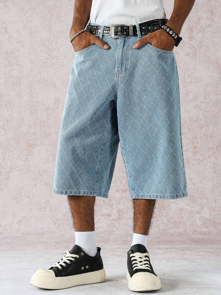 Manfinity Hypemode 男士街头时尚休闲钩针蓝色牛仔短裤 - 淺色水洗藍 - 查看 1