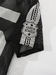 ROMWE MEN Street Life 男士宽松数字印花短袖拉链领衬衫和短裤休闲套装 - 黑色 - 查看 2