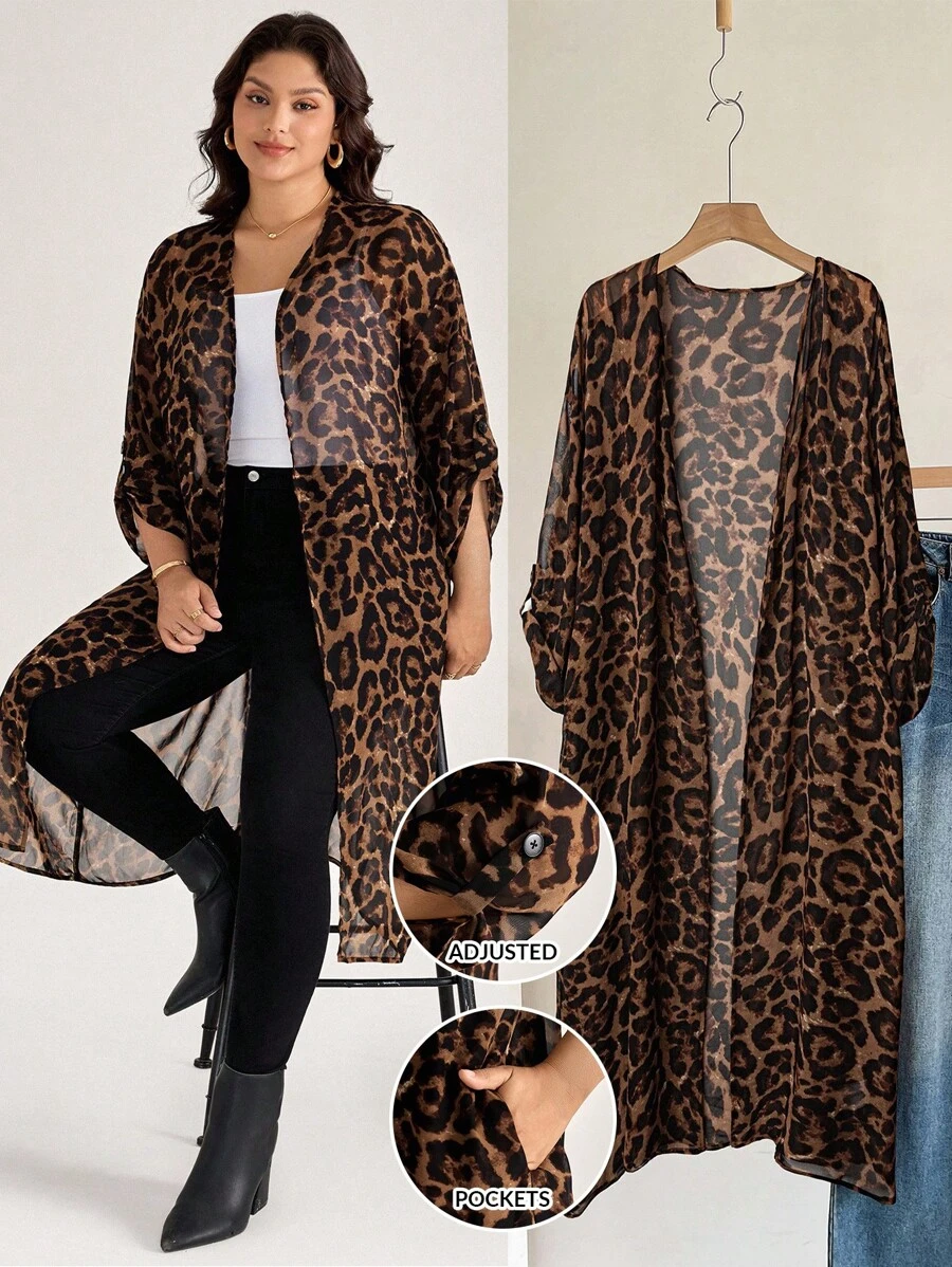 SHEIN LUNE 大码女式豹纹可调节袖轻便长款夹克 - 彩色 - 查看 1
