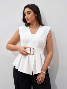 Chikora Veste élégante pour femme grande taille, col V sans manches, couleur unie, ceinture à la taille. Tout blanc. Convient pour les enseignantes, les femmes d'affaires décontractées, le bureau, le travail, les voyages, l'aéroport.