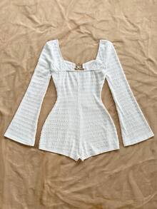 Soleia Women's Vacation White Knit Textured Camisole Jumpsuit With Front Hollow And Metal Starfish Decor, Fitted, For Party, Date, Afternoon Tea, Bohemian, Boho, Romantic Floral, Vacation, Floral White Playsuit Long Sleeve Playsuit - White - View 2