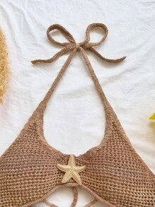 Soleia 性感细肩带 V 领镂空金属海星装饰女士紧身毛衣裙，波西米亚风，波西米亚风，浪漫花卉，度假风，花卉 - 棕色 - 查看 6