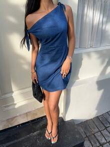 Aloruh 女式夏季不对称结领收腰短款牛仔连衣裙