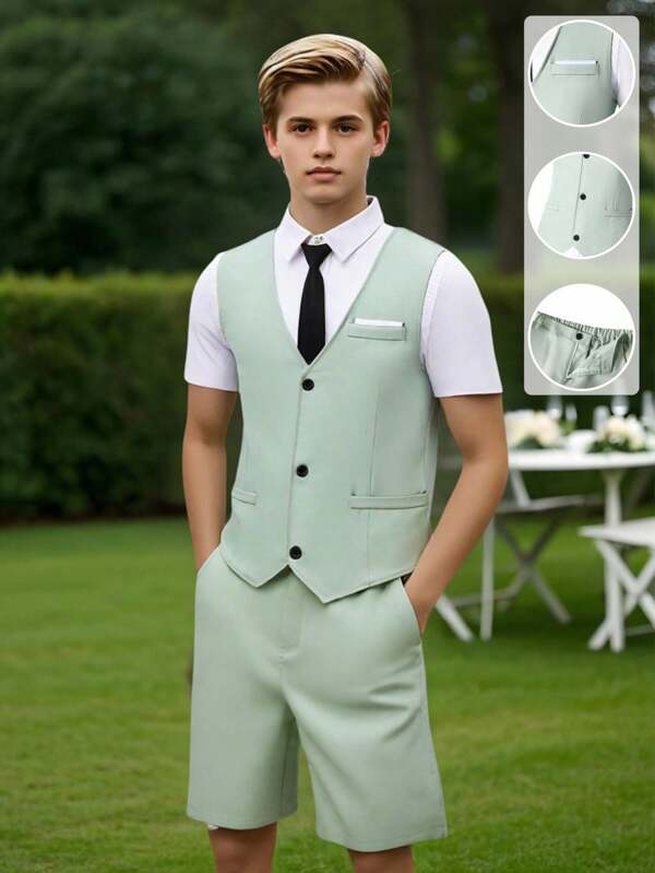 SHEIN 2 Stück/Set Teenager Jungen Anzug, Minzgrüne Brustteilkontrast Slim Fit Weste + Shorts, eleganter Formeller Outfit für Geburtstag, Hochzeit, Abschluss, Party, Hochzeitsgast, Pageboy, Ringjunge