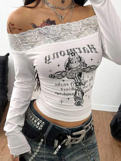 Mystic heart Coolane Top hombros descubiertos con encaje, parches y gráficos de cruz, estilo gótico de bruja para festival de música, Corazón místico X