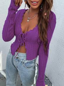 Chiquease Women's Solid Color Long Sleeve Frill Trim Tie Front Lightweight Cardigan Knitted Sweater Casual Outfits Spring Clothes For University Fall Winter Cloth For Women - Purple - View 6