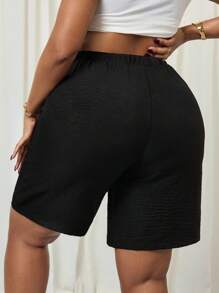 SHEIN PETITE CURVE Plus Size Women's Black Drawstring Waist Pockets Casual Country Linen Shorts Summer Shorts For Women Spring Outfits For Women Vacation Outfits Woman