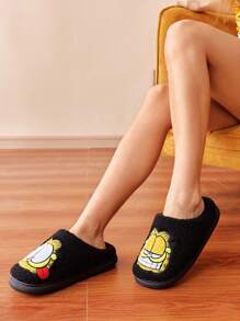 GARFIELD | SHEIN 时尚可爱的撞色毛绒包趾拖鞋，柔软羊毛泰迪夏尔巴，刺绣图案，男女通用，适合室内穿着，春季、秋季、冬季 - 黑色 - 查看 7